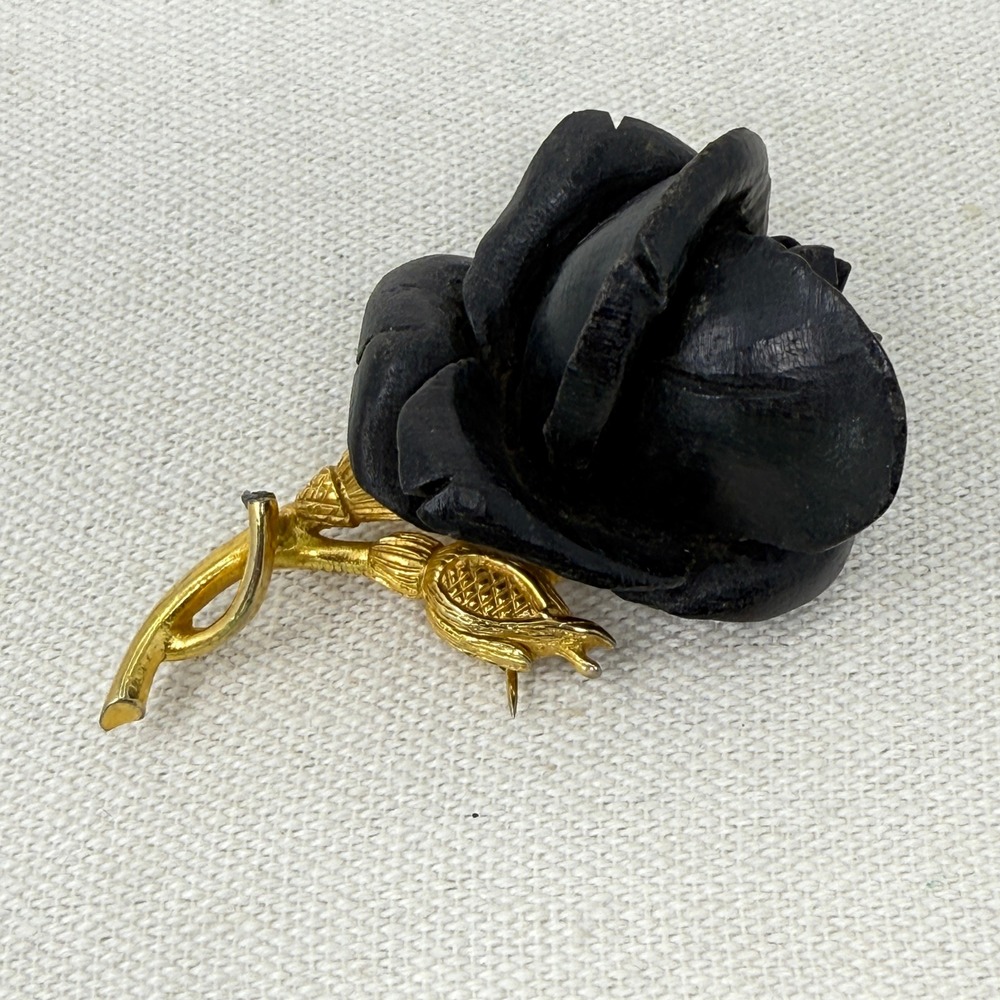 Nettie Rosenstein Black Rose Brooch Gold‎ Tone Metal Flower Lapel Pin